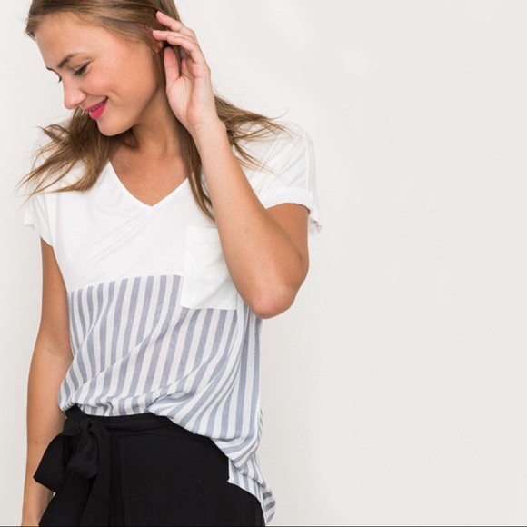 Anthropologie Hem & Thread V Neck Top Stripe Blue - Picture 3 of 6